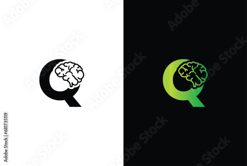 Initial letter Q brain logo and icon vector illustration template design. Letter Q Brain Idea Logo.