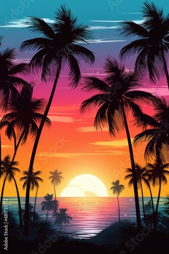 A beautiful sunset with palm trees and a boat on the water. Perfect for travel and vacation themes