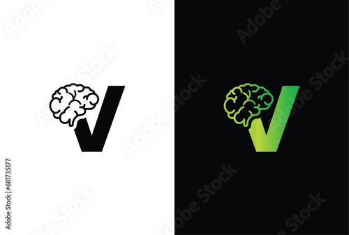 Initial letter V brain logo and icon vector illustration template design. Letter V Brain Idea Logo.