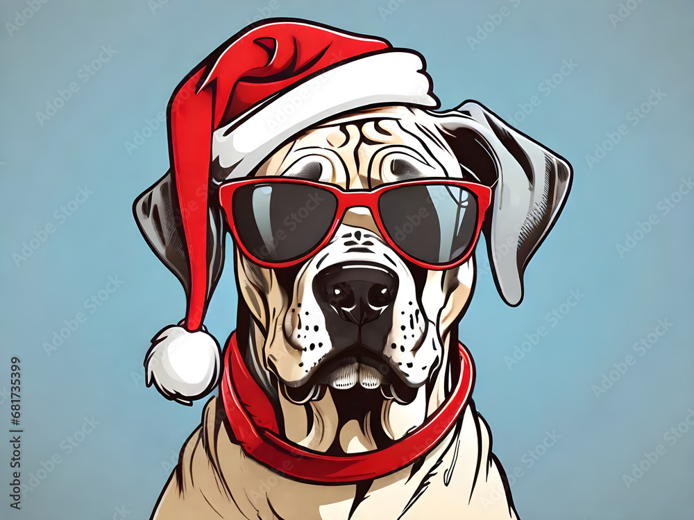 Naklejka premium Cartoon Great Dane wearing sunglasses and Christmas hat.