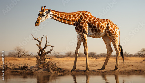 Giraffe standing in the African savannah, looking at camera generated by AI