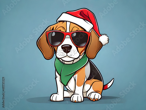 Beagle wearing sunglasses and Christmas hat. 