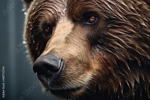 A close-up view of a brown bear's face. This image captures the details and expression of the bear. Suitable for wildlife enthusiasts, educational materials, or nature-themed designs