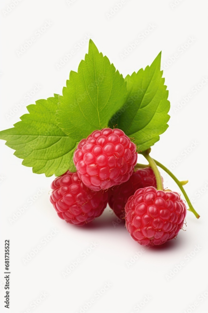 A simple and clean image featuring three fresh raspberries with leaves on a white background. Perfect for food-related projects and designs A simple and clean image featuring three fresh raspberries with leaves on a white background. Perfect for food-related projects and designs