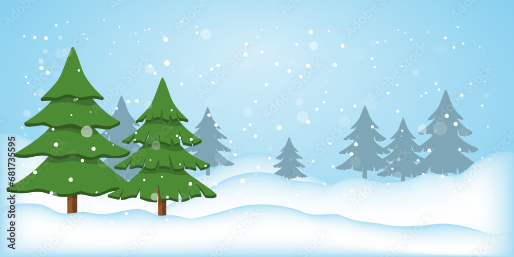 Winter landscape with fir trees, silhouette of a coniferous forest, falling snow. Snow background with place for text for Christmas, New Year. Nature in winter. Vector illustration.