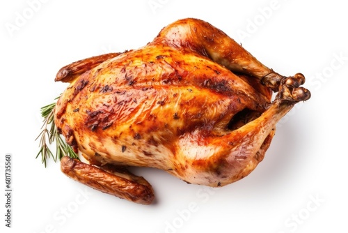 A whole chicken placed on a white background, garnished with a sprig of fresh rosemary. This versatile image can be used in various cooking, recipe, or food-related projects