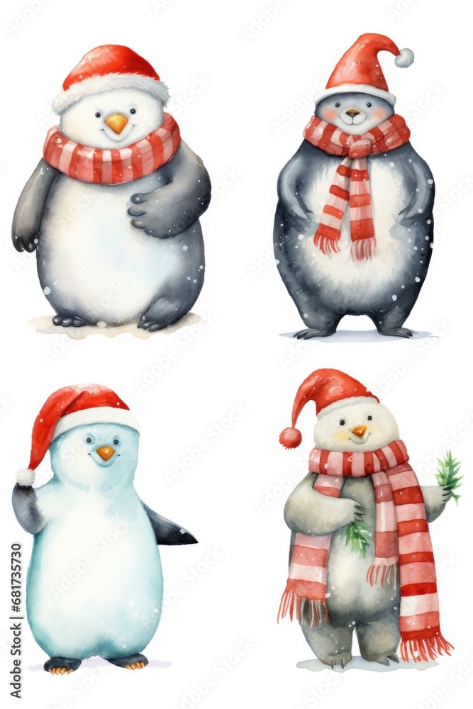 A set of four watercolor snowmen wearing hats and scarfs. Perfect for winter-themed designs and holiday projects