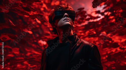 young guy wearing VR glasses in the autumn forest