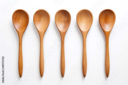 Five wooden spoons neatly lined up on a white surface. Perfect for kitchenware, cooking, and food-related designs