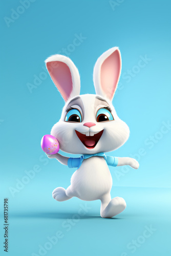 Joyful easter bunny with glasses and easter egg. Blue background  copy space.