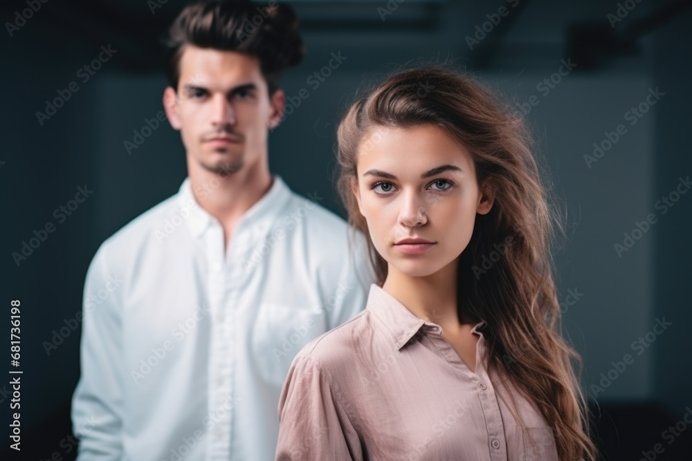Picture of man and woman standing next to each other. This image can be used to represent couple, partnership, or teamwork. Suitable for various purposes Picture of man and woman standing next to each other. This image can be used to represent couple, partnership, or teamwork. Suitable for various purposes