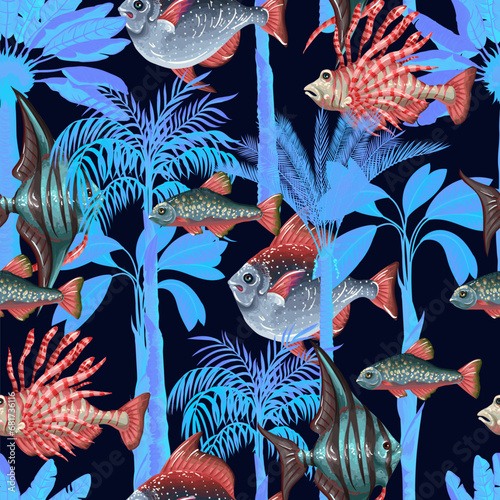 Seamless pattern with sea fishes and trees. Vector.