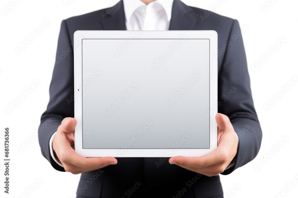 Man in suit holding tablet computer. Suitable for business, technology, and communication concepts Man in suit holding tablet computer. Suitable for business, technology, and communication concepts