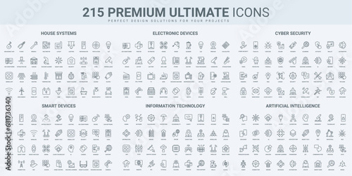 Smart home system with electronic devices and appliances, AI thin black line icons set vector illustration. Outline symbols of cyber safety and access protection, artificial intelligence collection