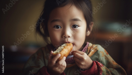Smiling child holding sweet snack  looking at camera with happiness generated by AI