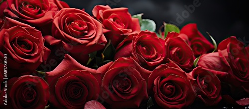 enchanting background  a bouquet of vibrant red roses bloomed  symbolizing the passionate love and romance of Valentines Day  filling the air with the sweet  floral fragrance.