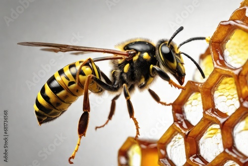 A bee collects honey in a honeycomb