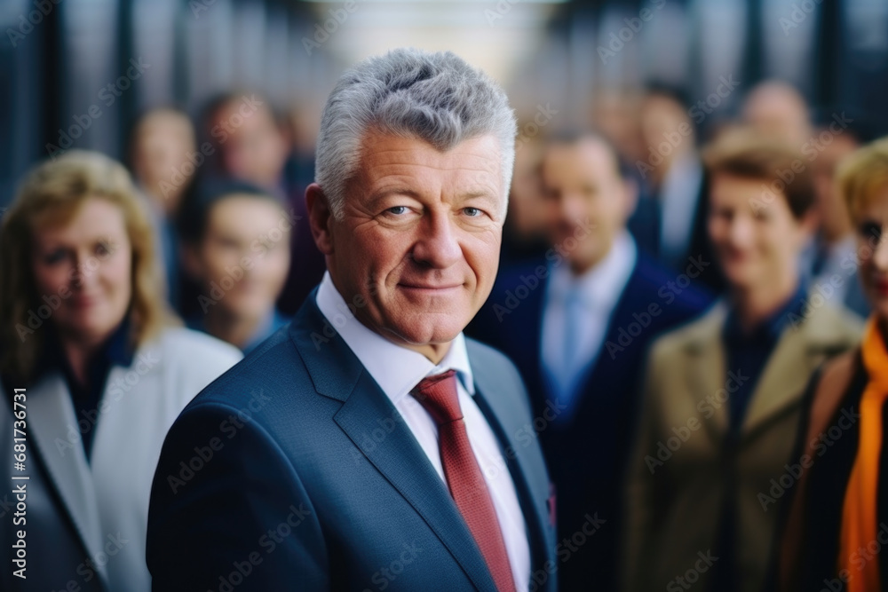 Professional man dressed in suit and tie is confidently standing in front of group of people. This image can be used to represent leadership, teamwork, and business success Professional man dressed in suit and tie is confidently standing in front of group of people. This image can be used to represent leadership, teamwork, and business success