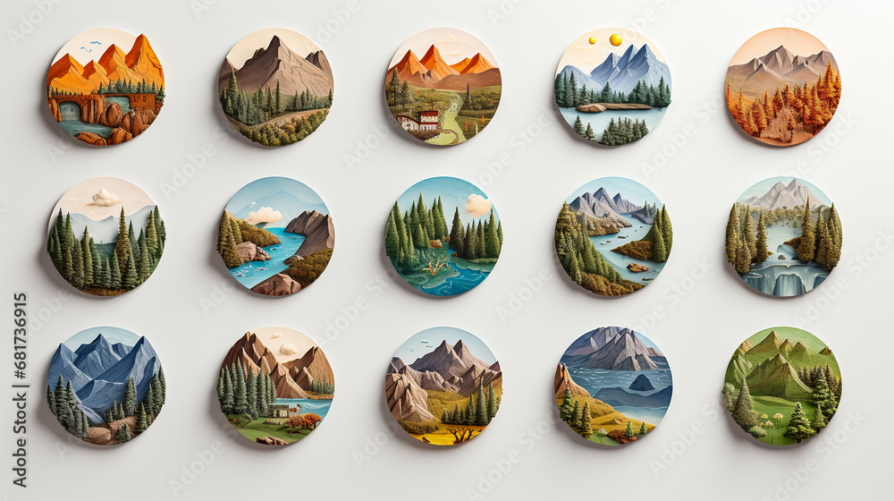 set of round icons with various landscapes - obrazy, fototapety, plakaty 