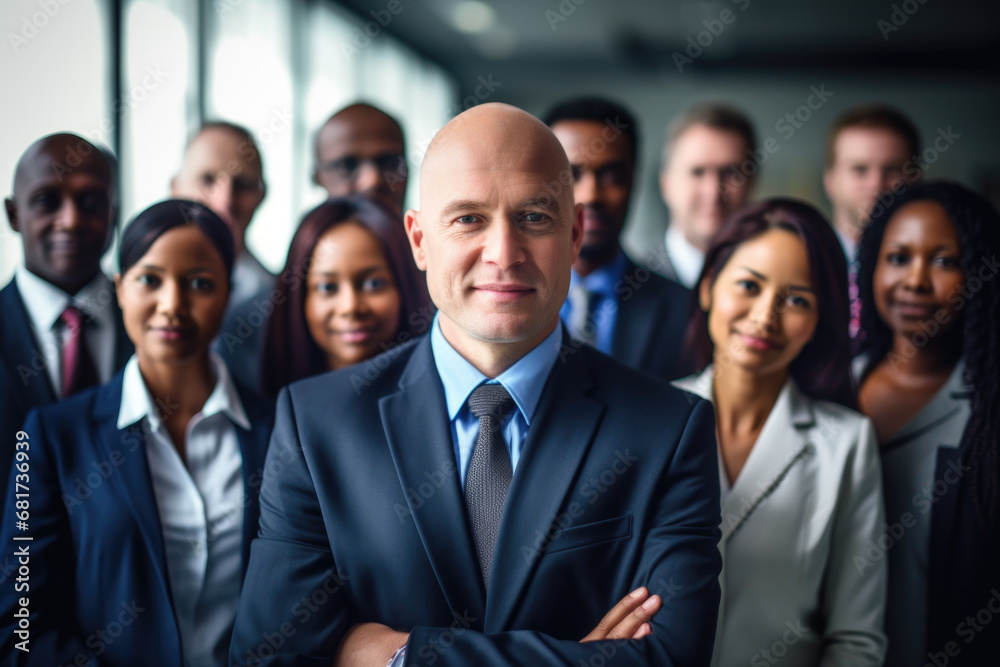 Professional man in suit and tie confidently stands in front of group of people. This image can be used to represent leadership, teamwork, or business presentations Professional man in suit and tie confidently stands in front of group of people. This image can be used to represent leadership, teamwork, or business presentations