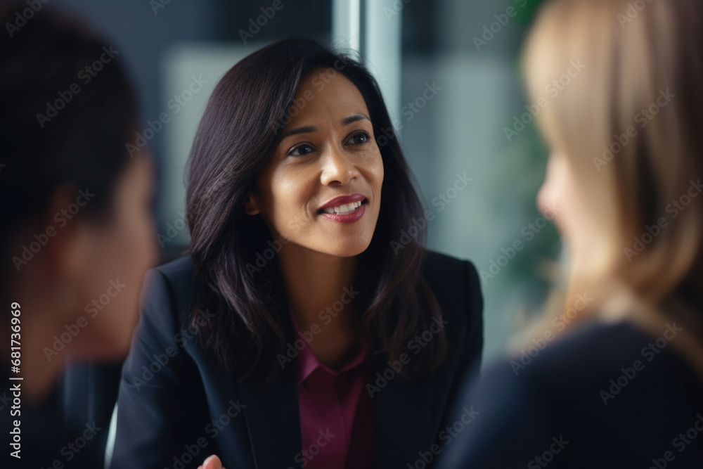 Two women in business suits engaged in conversation. Suitable for business communication and networking concepts Two women in business suits engaged in conversation. Suitable for business communication and networking concepts