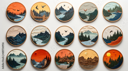 set of round icons with various landscapes