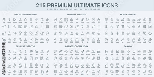 Business strategy, project management and organization, cooperation and investment thin black line icons set vector illustration. Outline bank symbols, money payment and employees team, partnership