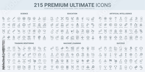 Science research and education, AI and machine learning thin black line icons set vector illustration. Outline symbols of digital technology, success of training and mentoring, robot equipment