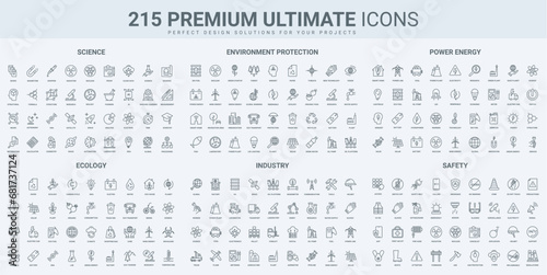 Environment protection, power industry thin black line icons set vector illustration. Outline symbols of science research in laboratory, green eco technology for ecology, renewable energy factory