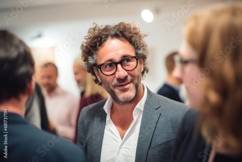 Professional man in suit and glasses is engaged in conversation with group of people. This image can be used to depict leadership, teamwork, or business meeting scenario photo