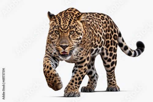 A majestic leopard walking gracefully across a white surface. This image can be used to depict the beauty and power of wildlife in its natural habitat