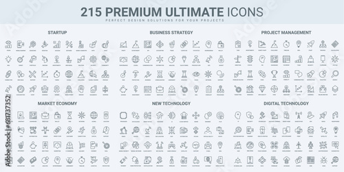 Creative startup and project management, market and economy , digital technology thin black line icons set vector illustration. Outline symbols of business strategy analysis, AI and machine learning