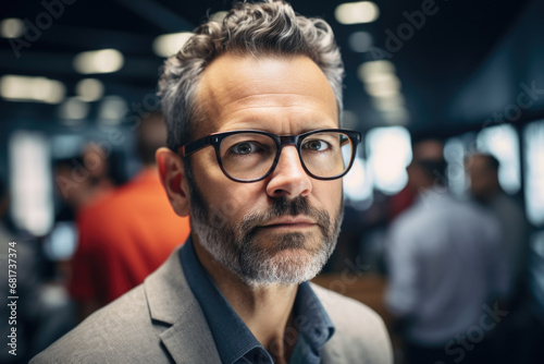 Professional man wearing suit and glasses looking directly at camera. This picture can be used for business presentations, corporate websites, or professional profiles