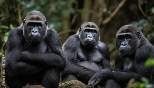 Primate portrait Endangered lowland gorilla family sitting in African forest generated by AI © Jeronimo Ramos