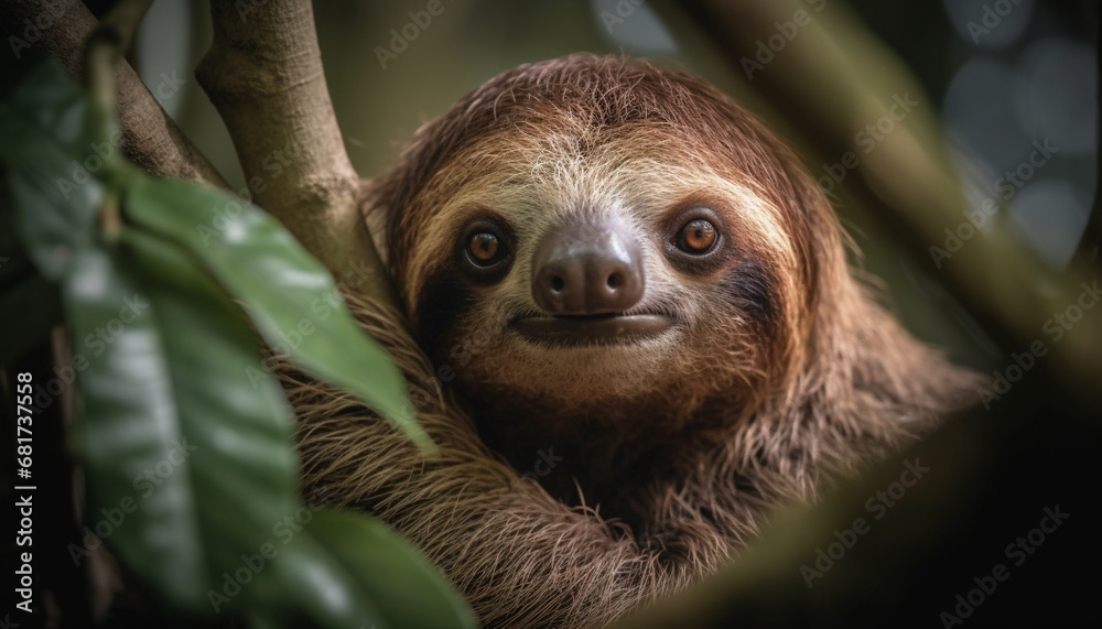 Fototapeta premium Cute monkey headshot, looking at camera with selective focus generated by AI