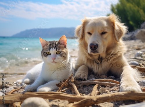 A cat and a dog lying on a beach with a beautiful ocean and mountain view in the background.