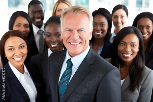 Group of business professionals standing together and posing for picture. This versatile image can be used to represent teamwork  collaboration  diversity  or corporate settings