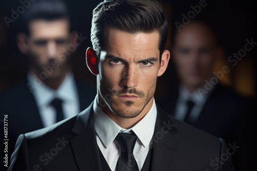 Professional man in suit and tie standing confidently in front of group of men. This image can be used to represent leadership, teamwork, business meetings, or corporate events