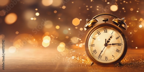 New Years Eve Clock Gleams Amidst Golden Fireworks, Marking a Moment of Dazzling Festivity and Cheers