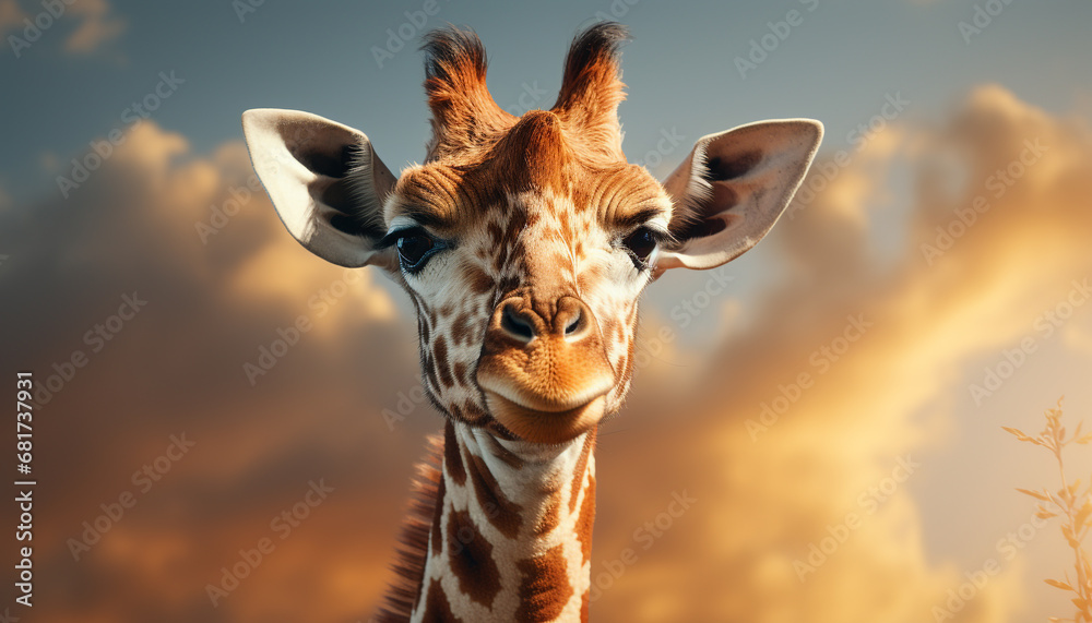 Giraffe standing in grass, looking at camera in Africa generated by AI