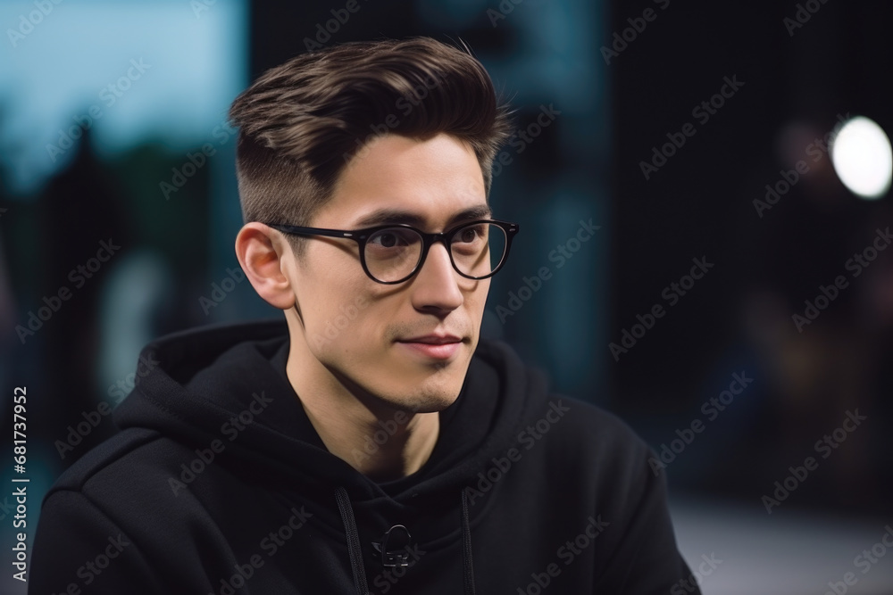 Young man wearing glasses and black hoodie. This versatile image can be used to depict variety of concepts, such as youth, fashion, urban style, or anonymity. Young man wearing glasses and black hoodie. This versatile image can be used to depict variety of concepts, such as youth, fashion, urban style, or anonymity.