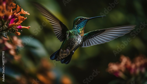 Hummingbird hovering mid air, spreading iridescent wings in natural beauty generated by AI