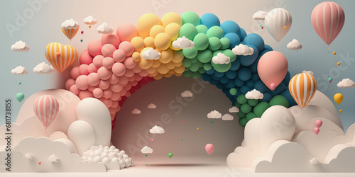 illustration of abstract 3d rainbow with clouds and colorful balloons photo
