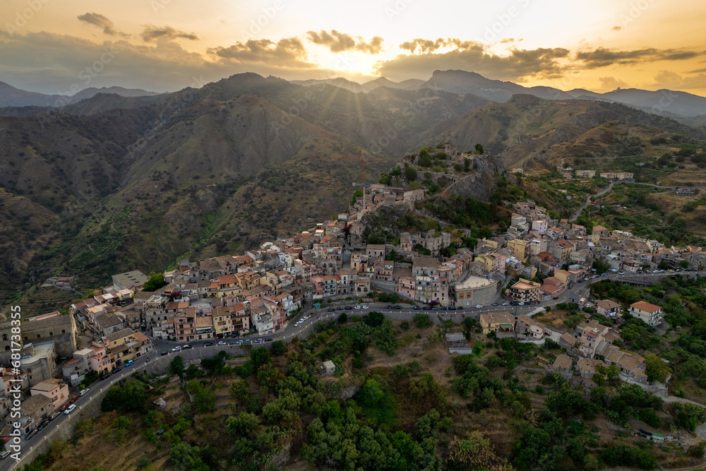 Aerial view of  old picturesque town of Forza d'Agro at sunset
