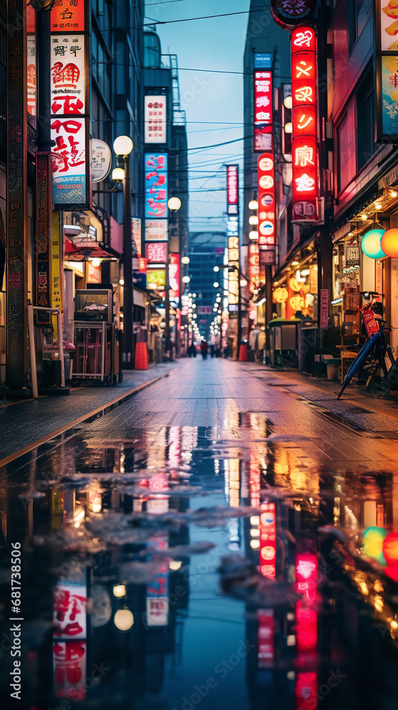 A bustling Tokyo street at night, neon signs illuminating the cityscape, rain-soaked pavement reflecting colorful lights