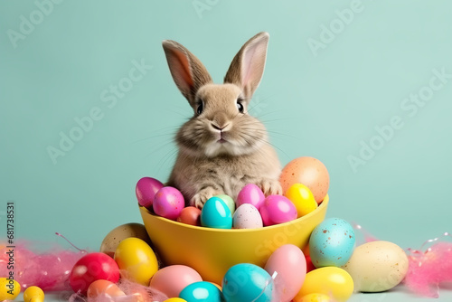 A cheerful Easter bunny holding a basket of eggs © Nate