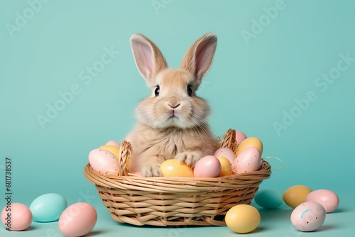 A cheerful Easter bunny holding a basket of eggs