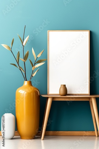 Wood side table, blue and mustard vase with twigs near blank mockup poster frame with copy space against turquoise wall. Scandinavian home interior design of modern living room, Generative AI