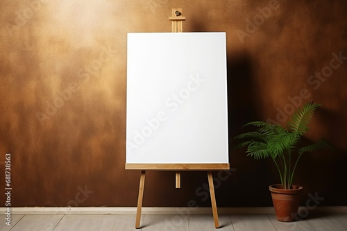 Wooden easel with white blank canvas with copy space against brown venetian stucco wall. Home interior design of modern living room, Generative AI