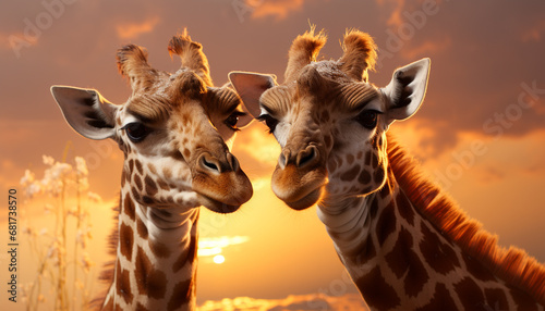 Giraffe and sunset in Africa, nature beauty in wildlife generated by AI